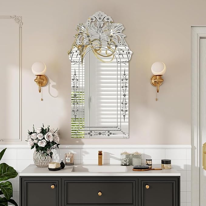 KOHROS Bathroom Vanity Mirror with Floral Etched 40" x 21" Decorative Wall Mirror Frameless Beveled Edge Bathroom Mirror for Vanity Bedroom