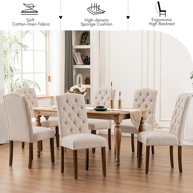 Tufted Upholstered Parsons Dining Chair Set Fabric Diner Accent Stylish Modern Kitchen Living Room with Button Sturdy Solid Wood Legs