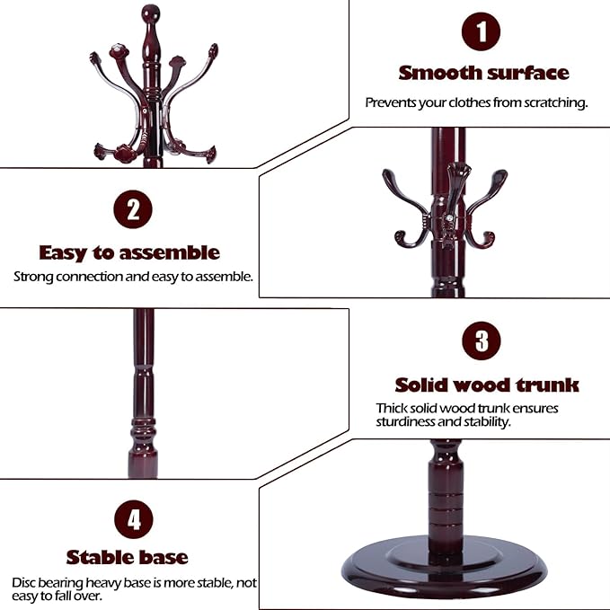 Coat Racks Free Standing with 14 Hooks, Natural Wood Coat Stands for Entryway, Adjustable Height 72 in Tree Coat Rack Stand for Hallway Home Office Bedroom (Mahogany Ruyi)