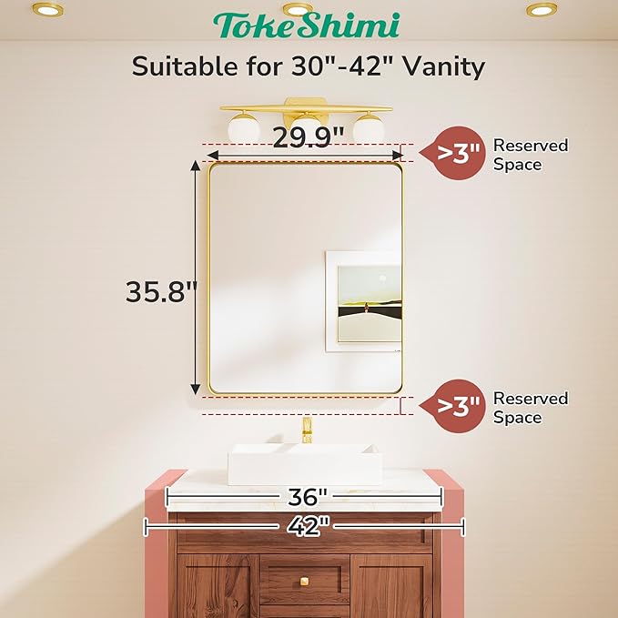 TokeShimi 30x36 Brushed Nickel Mirror for Bathroom,Modern Bathroom Vanity Mirror,Tempered Glass,Aluminum Framed Mirror(Horizontal/Vertical)