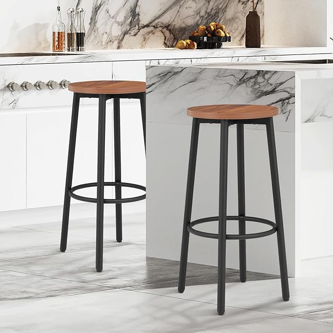Athena Collection Bar Stools Set of 2, 25.5 Inches Round Counter Height Bar Stools Backless with Metal Legs and Footrest, Wood Barstools for Home, Kitchen Island, Counter, Brown