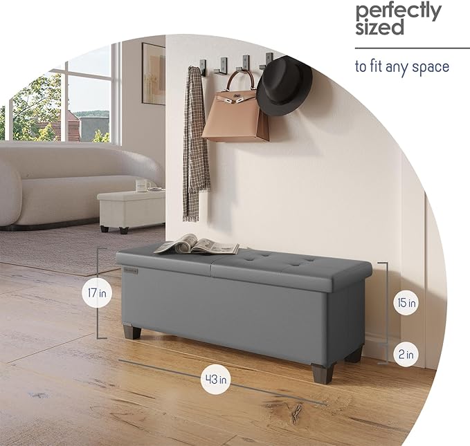 STORAGEBUD Storage Ottoman Bench with Bins, 43-in Storage Bench for Bedroom End of Bed, Folding Foot Rest Ottoman for Living Room Max 660lbs, Faux Leather Ottomans, Grey