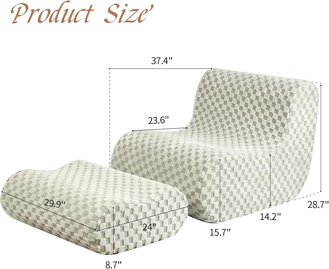 Accent Bean Bag Chair with Footstool, Modern Lazy Sofa Chair with Comfy Jacquard Shaggy Plush, Green
