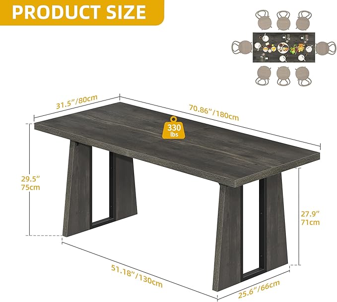DWVO Rectangle Dining Table for 6-8 People 70.86 Inch Large Dining Room Table Wooden Dinner Table with Heavy Duty Legs for Kitchen Apartment Restaurant Rustic Grey
