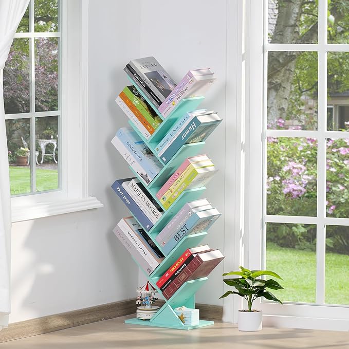 10 Tier Tree Book Shelf, Floor Standing Wood Bookshelf for Narrow Space, Storage Organizer Bookshelves for Books/CDs/Magazine, Bookcase with Shelves for Home Office, Living Room - Green
