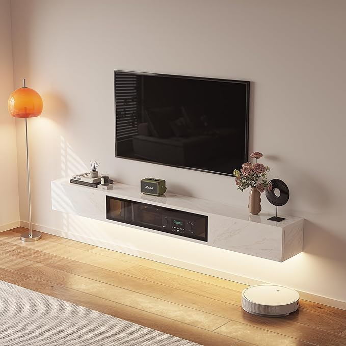 High Gloss Floating TV Stand,55'' Wall Mounted TV Console,Under TV Floating Shelf,Floating TV Cabinet with 3 Doors for Bedroom Living Room,White