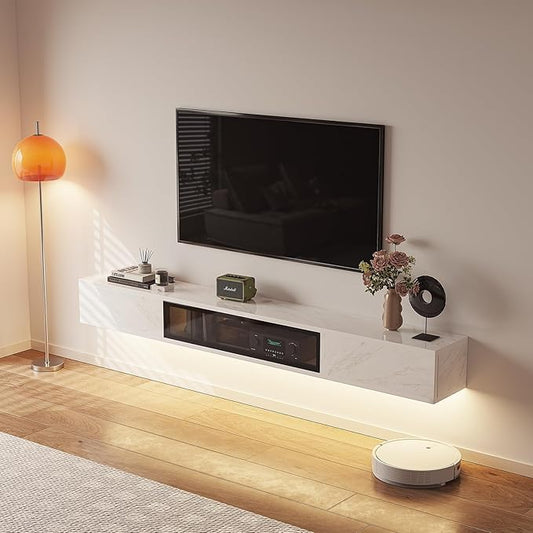 High Gloss Floating TV Stand,55'' Wall Mounted TV Console,Under TV Floating Shelf,Floating TV Cabinet with 3 Doors for Bedroom Living Room,White