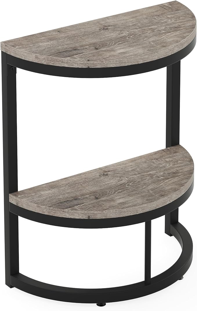 Tribesigns 2-Tier End Table Semi Circle, Small Half Round Side Table with Storage Shelf, Wood Accent Table Slim C Table for Sofa Couch, Living Room, Bedroom, Easy Assembly, Rustic Grey & Black