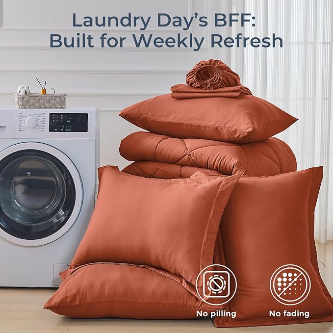 HEVUMYI Burnt Orange Queen Comforter Set - 7-Piece All Season Bed in a Bag Queen, Ultra Soft Bedding Set with Comforter, Flat Sheet, Fitted Sheet, Pillowcases, Pillow Shams