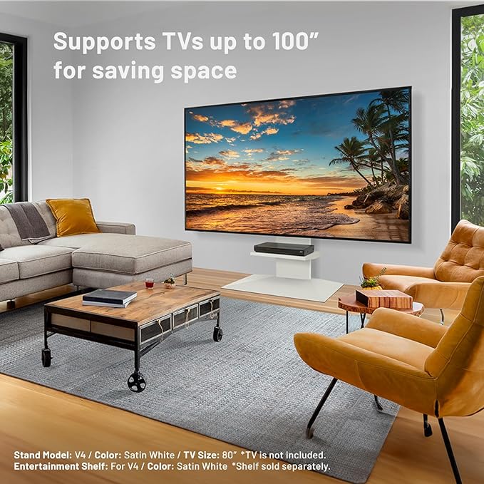 WALL V4 | Sleek Shallow Floor TV Stand for Extra Large 50-100 Inch | Walnut | for Large Screens | Living Room and Bedroom, Space Saving, Adjustable Mount, No Drill, Japan-Engineered Design
