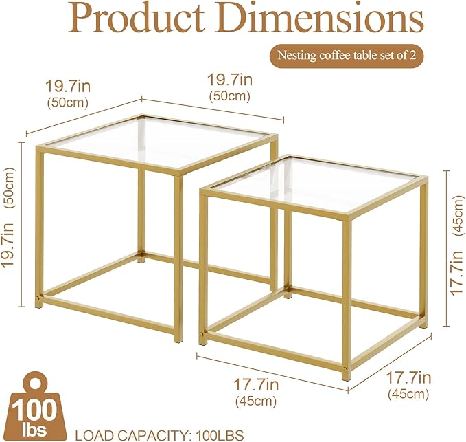 Garden 4 you Coffee Table Set of 2, Modern Glass Nesting Table, Metal Frame Square Center Table Set, Side Tables, Nesting Coffee Table for Living Room, Bedroom and Small Spaces, 19.7in Gold