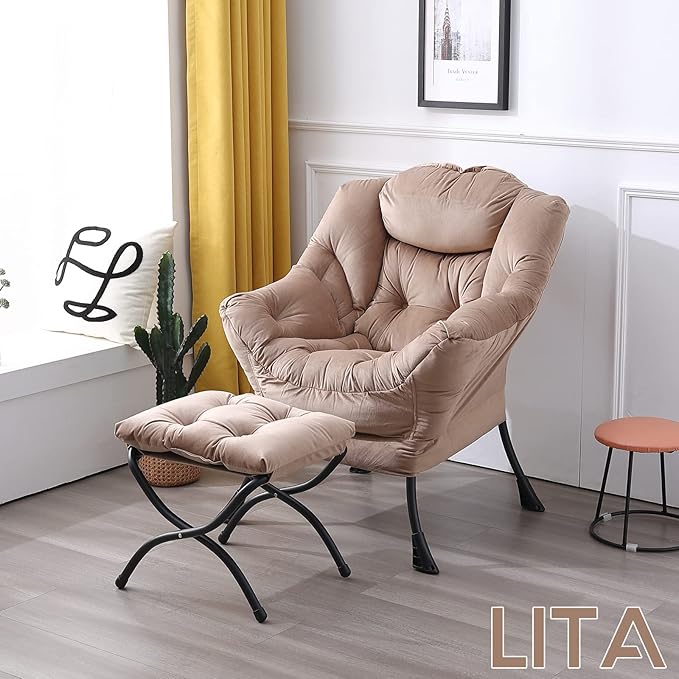LITA Velvet Dark Brown Contemporary Accent Leisure Upholstered Sofa Chair with Ottoman, Modern Lounge Reading Chair for Living Room, Bedroom & Small Space