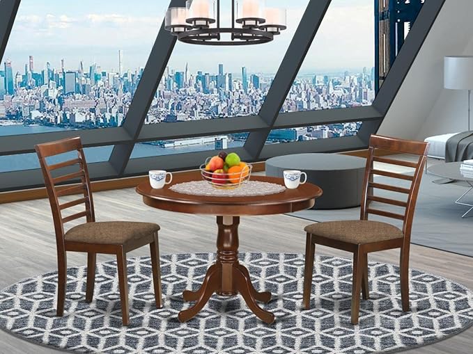 East West Furniture HLML3-MAH-C 3 Piece Dining Set Contains a Round Dining Room Table with Pedestal and 2 Linen Fabric Upholstered Kitchen Chairs, 42x42 Inch, Mahogany