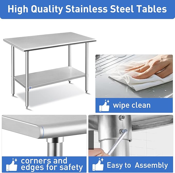 ROCKPOINT Stainless Steel Table for Prep & Work 30x36 Inches, NSF Metal Commercial Kitchen Heavy Duty Table with Adjustable Under Shelf and Table Foot for Restaurant, Home and Hotel