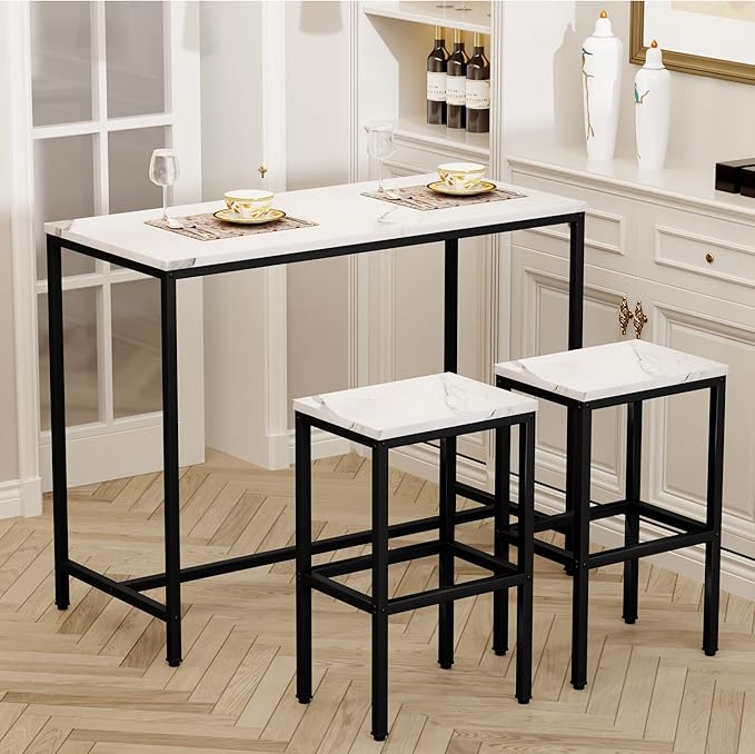 Aklaus Bar Table Set,44" White Faux Marble Top Bar Table and Chairs Set,Counter Height Bar Table with 2 Bar Stools,3 Piece Kitchen Breakfast Table for Living Room Dining Room Apartment