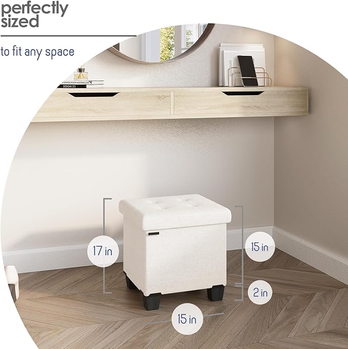 STORAGEBUD Storage Ottoman Cube with Small Bin, 16-in Square Ottoman with Storage for Living Room and Bedroom, Small Ottomans Foot Rest, Fabric Foot Stools Ottomans Max 330lbs, Cream