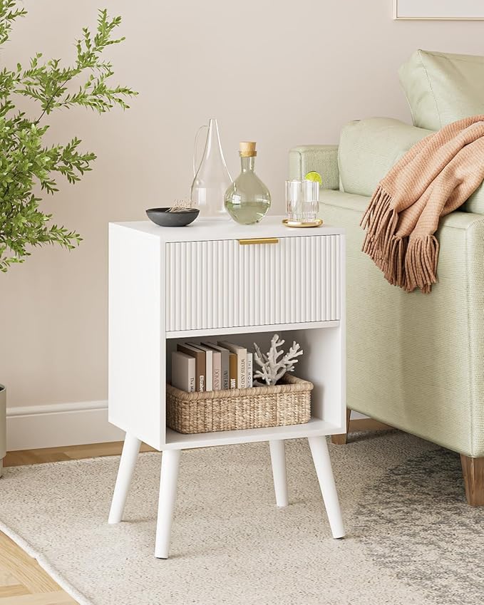 Nightstand, Small Side Table, Bedside Table with Drawer, Modern Night Stand, End Table for Bedroom, Living Room (White Stripe)