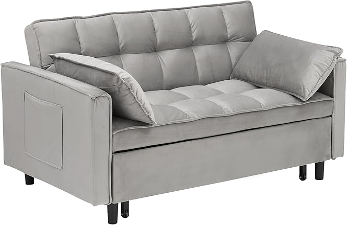 Ball & Cast Velvet Futon Sofa Couch with Pull-Out Bed,3 in 1 Convertible Sleeper Sofa Bed,Convertible Pull Out Couches W/2 Pillows,Adjustable Backrest & Side Pocket,for Living Room,Apartment,Gray,55"