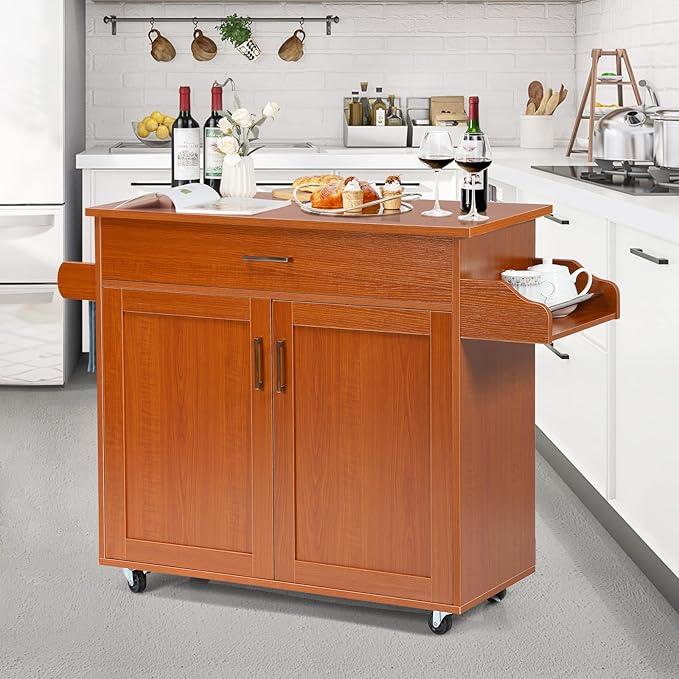 COSTWAY Kitchen Island Cart, Rolling Storage Trolley Cart with Lockable Rubber Wheels, Large Cabinet, Drawer, Spice Rack and Towel Rack, Kitchen Serving Utility, 3-Position Adjustable Shelf (Cherry)