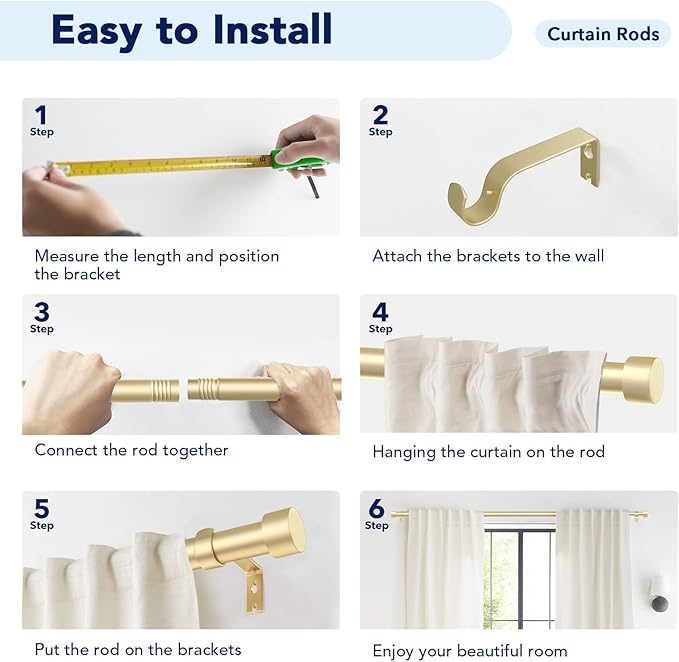 2 Pack Curtain Rods for Windows 48 to 84 Inch(4-7ft), 1 Inch Gold Adjustable Heavy Duty Curtain Rod Set, Modern Style Outdoor Drapery Rods for Patio Bedroom, Size 32"- 90"