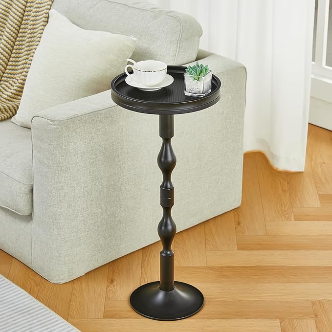 Small Round Drink Table,Pedestal Tables,Small Round Side Table for Narrow Spaces,End Table for Living Room, Bedroom, Bathroom,Balcony (Black)