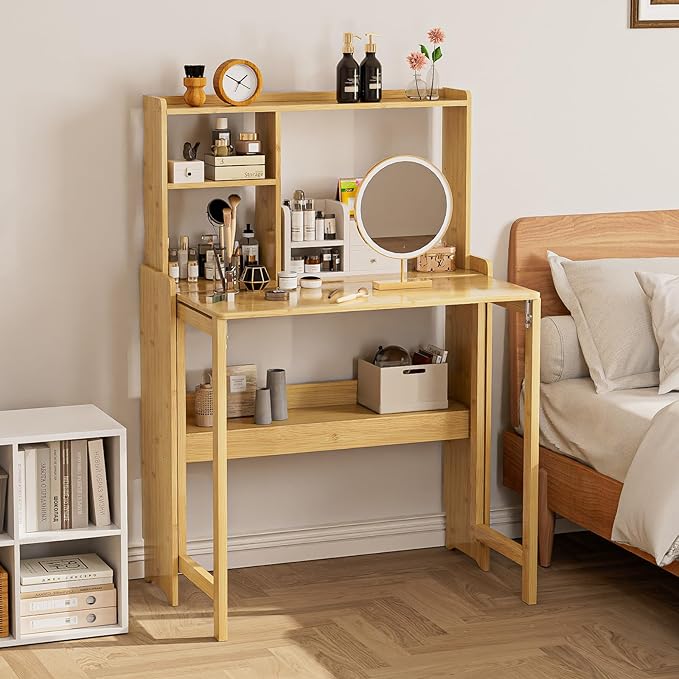 Bamboo Folding Desk with Storage Rack Mid Century Modern Desk for Home Office Bedroom Small Spaces, Natural