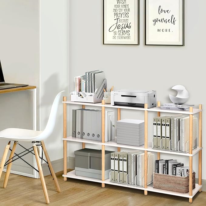 YGYQZ 3 Tier Short Book Shelf, Wood Shelves with Open Back Long Horizontal 6 Cube Storage Shelf Book Shelves for Office, Living Room, Bedroom, Rustic Shelf (White)