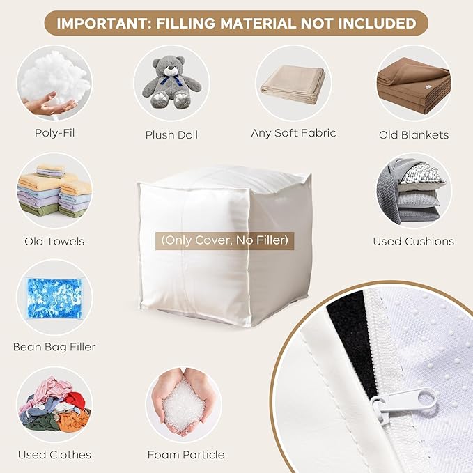 Unstuffed Pouf Ottoman Cover (Only Cover No Filler), 17.7x17.7 inch Faux Leather Moroccan Poofy Ottomans Cover, footrest Square White Footstool with Storage Waterproof Easy Cleaning for Living Room