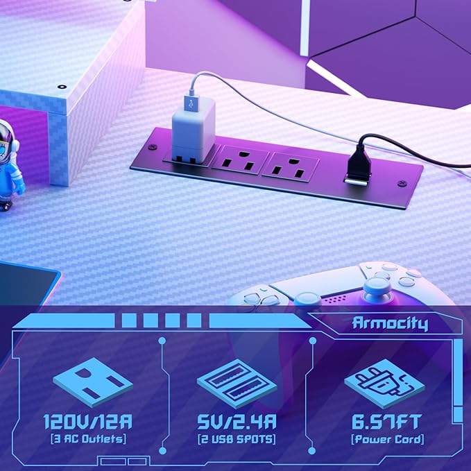 Armocity 53'' White Gaming Desk with Hutch and LED Lights, Gaming Computer Desk with Storage Shelves & Z-Shaped Legs, Reversible PC Game Desk with Pegboard for Bedroom, Carbon Fiber Surface
