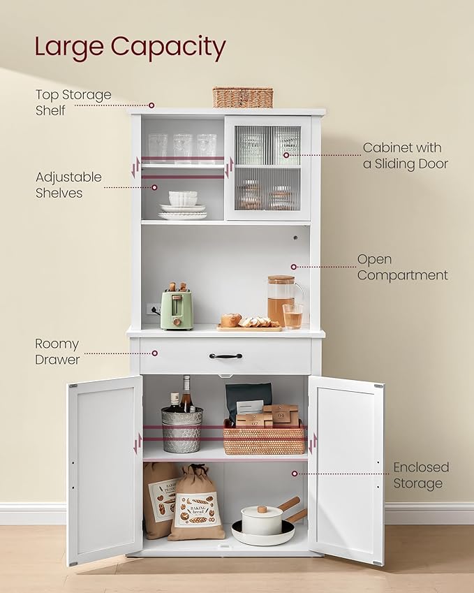 VASAGLE 71" Kitchen Pantry Cabinet with Lights and Charging Station, Coffee Bar Cabinet with Doors and Drawer, Farmhouse Style, Adjustable Shelves, Cloud White UBBK363W11