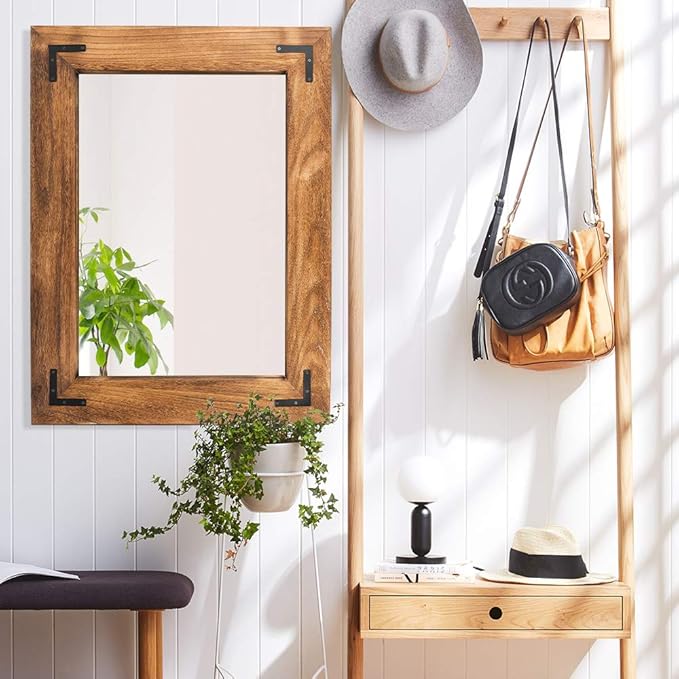 YOSHOOT Rustic Wooden Framed Wall Mirror, Natural Wood Bathroom Vanity Mirror for Farmhouse Decor, Vertical or Horizontal Hanging (26" x 18", Brown)
