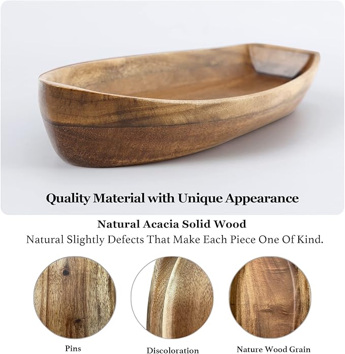 Lucky Boat Serving Tray, Acacia Solid Wood Boat Shape Plate for Serving Desserts, Fruit, Snack and Seafood or House Ornament,Key Tray,Functional and Storage Decorative Bowl。 (S)