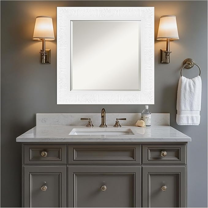 Amanti Art White Bathroom Mirror for Over Sink, 27x27 Luxe White Square Vanity Mirror, Medium Traditional Frame, Hangs Horizonally and Vertically, Bathroom Wall Decor, Beveled Edge