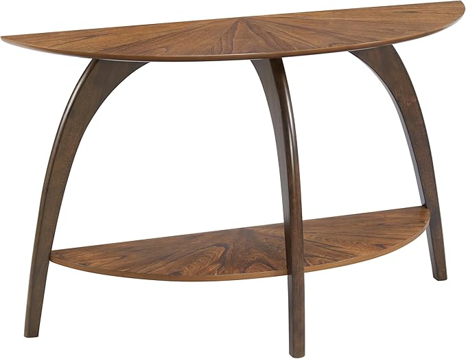 Martin Svensson Home LAX Two-Tone 48-Inch Caramel Brown Half-Moon Wood Sofa Console Table with Walnut Legs and Shelf Storage