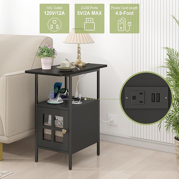 Farmhouse Narrow Side Table with Charging Station - 3-Tier End Table with USB & Outlets Compact Bedside Storage Table for Small Spaces, Multi-Functional Accent Table for Couch Corner Entryway Black
