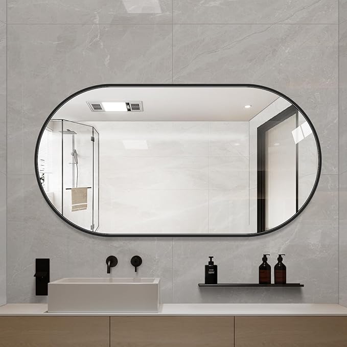 LAIYA 40x24inch Oval Wall Bathroom Mirror with Black Aluminum Frame,Wall Mounted Oval Vanity Mirrors， Explosion-Proof Glass, Waterproof Design, Easy Installation，Horizontally/Vertically
