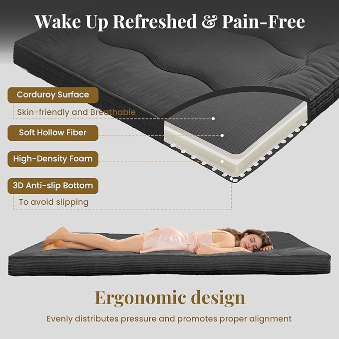 Japanese Floor Mattress, 4" Thicken Futon Mattress Full Size Sleeping Pad, Corduroy Foldable Floor Pad, Roll Up Tatami Mat for Adults Guest Room Bedroom, Grey