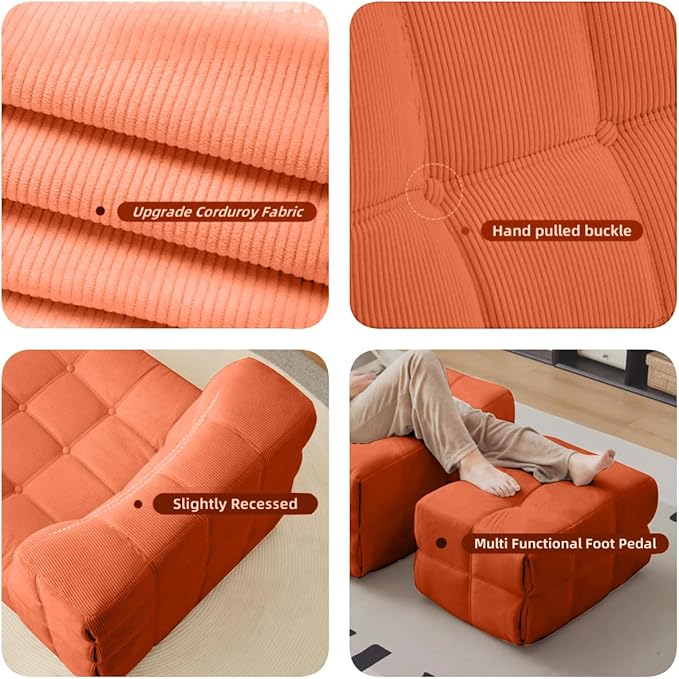 Bean Bag Chair - Memory Foam Bean Bag Chair for Adults, Comfy High-Resilience Single Sofa, Small Space Floor Chair, Chaise Lounge for Living Room, Bedroom (Orange, Square + Ottoman)
