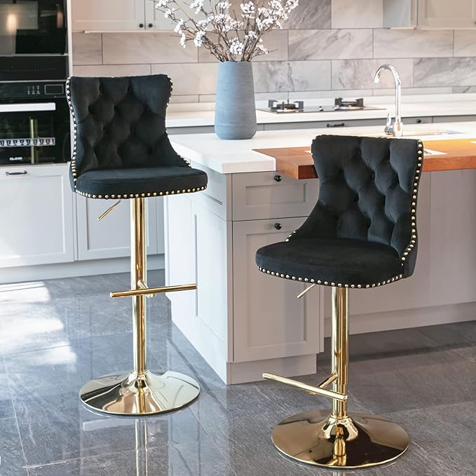 PacknWood Acosure Golden Swivel Velvet Barstools Adjusatble Seat Height from 25-33" with Comfortable Tufted,Modern Upholstered Chrome Base Bar Chairs,for Home Pub Kitchen,Black,Set of 2