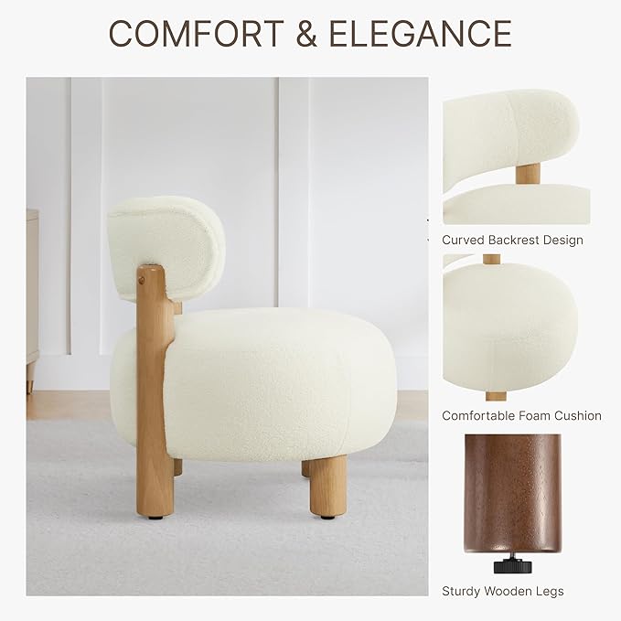 Modern Boucle Accent Chair Set of 2, with Plush Faux Sherpa Upholstery, Curved Backrest, Solid Wood Legs for Living Room Bedroom Reading Nook, 27.5", White