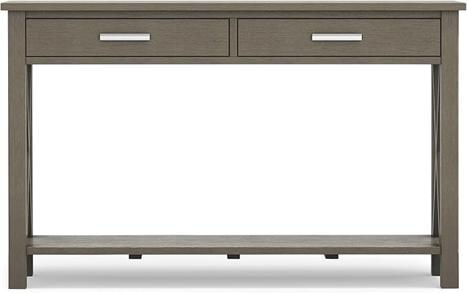 SIMPLIHOME Kitchener Console Table - 47 Inch Wide Solid Wood Sofa Table in Farmhouse Grey, Contemporary Storage Table for Entryway or Living Room with 2 Drawers, Bottom Shelf, and X-Design Side Panels
