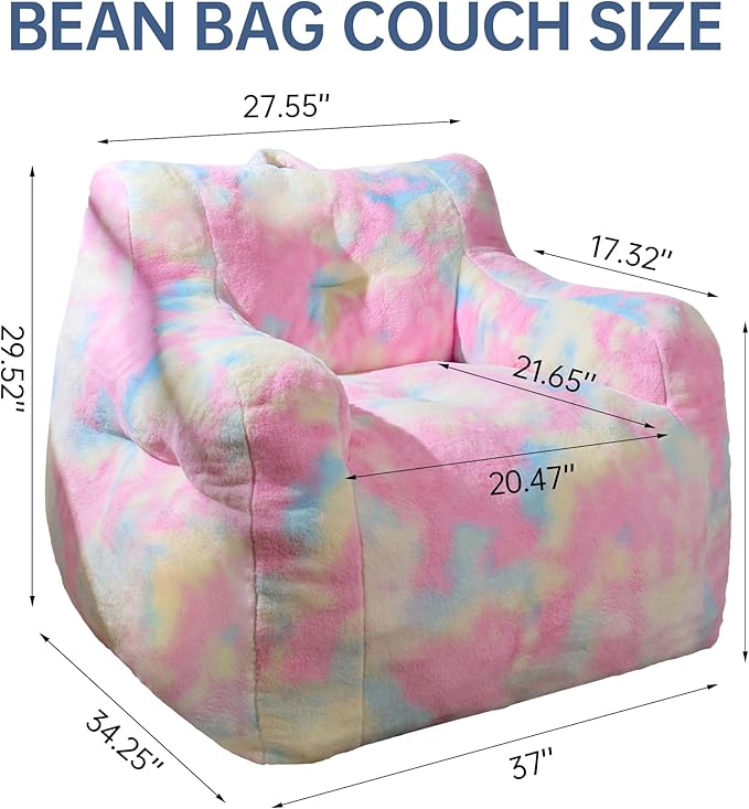 Large Bean Bag Chairs for Adults & Kids, 3FT Memory Foam Bean Bags with Filler, Ultra Soft Faux Fur Fabric - Fluffy Bean Bag Chair for Living Room Bedroom College Dorm (Colorful)