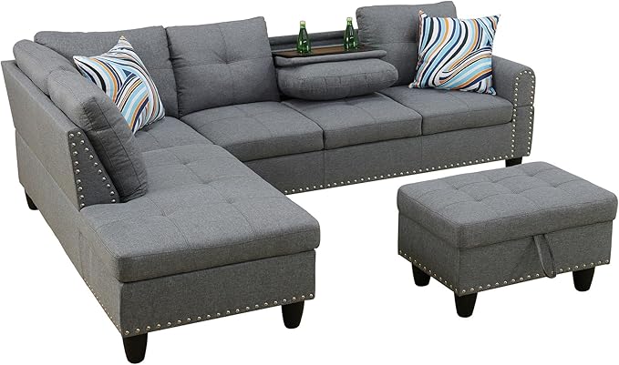97.5" Oversized Sectional Couch, L Shaped Couch with Storage Ottoman, Modern Modular Sofa with Deep Seat, Sectional Couches for Living Room and Office, Grey (Linen)