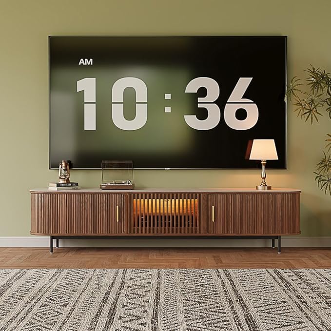 POVISON Fully-Assembled Mid Century Modern Black TV Stand with White Matte Travertine Stone Tabletop & LED Lights, Rolling Door Media Console, Wood TV Console for Living Room