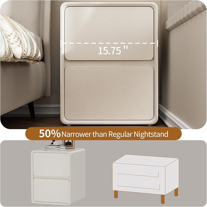 VICITON Modern Narrow Faux Leather Nightstand, Solid Wood Drawer, Storage Accent Table, Small Side End Table for Bedroom (Cream White, Large(15.7inch))