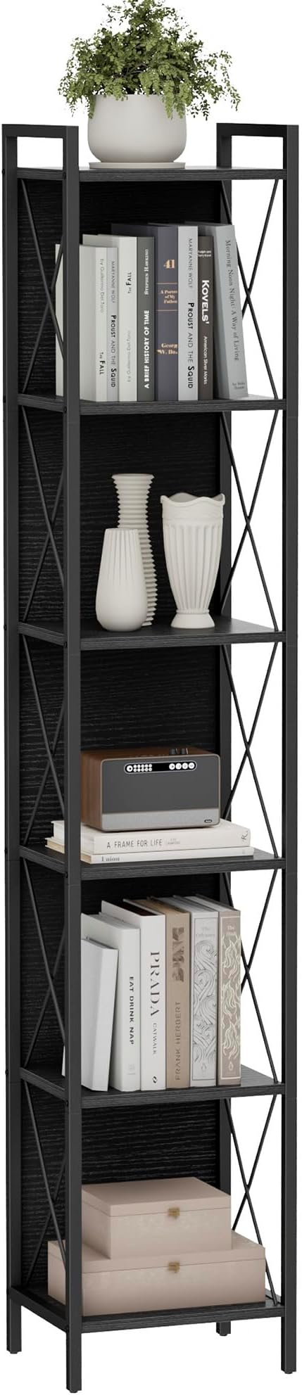 Homhedy 6 Tier Bookshelf Bookcase, Tall Narrow Bookshelf for Small Space, Metal Storage Shelves with Back Panel, for Home Office, Living Room, Kitchen, Bedroom, Industrial Style, Black