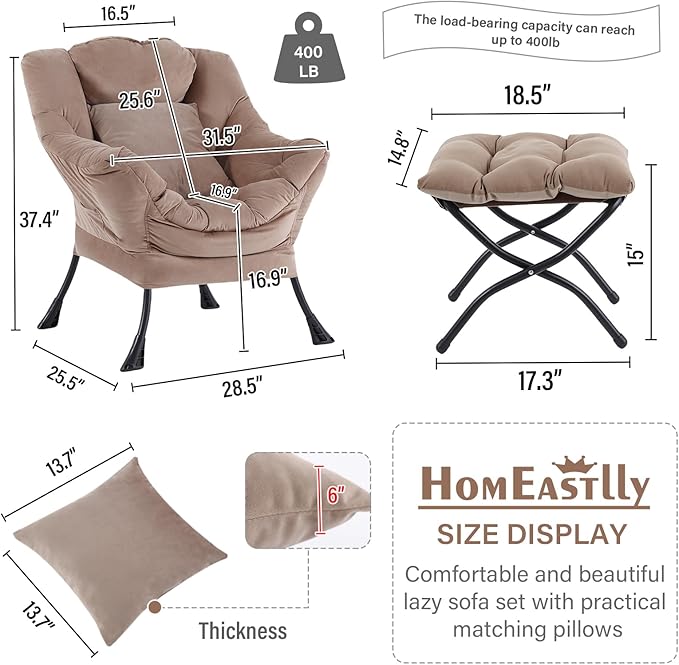 Lazy Chair with Ottoman, Reading Chair with a Pillow, Leisure Sofa Armchair with Ottoman, Large Accent Lounge Chair for Bedroom, Living Room, Dorm Room, Velvet Khaki