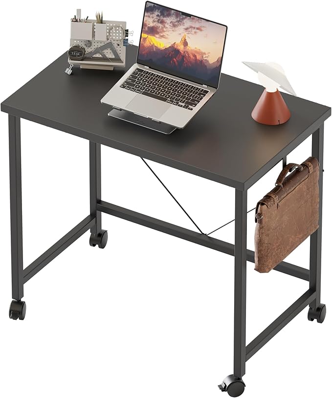 Rolling Computer Desk with Wheels, Gaming Desk for Small Spaces, Modern Simple Style Table for Home Office, Study Writing Table (Caster, Black, 24 inch)