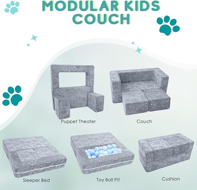 MeMoreCool Kids Sofa Couch, Glow in Dark Toddler Chair Fold Out, Modular Play Couch for Playroom, Child Foam Blocks Convertible Baby Furniture (Glowing Dogs)