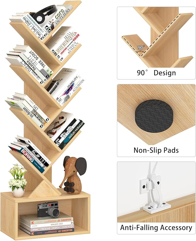9 Tier Tree Bookshelf,Christmas Green Bookcase for Narrow Space, Storage Organizer Floor Standing Bookshelves for Books, Tall Book Case for Home Office, Living Room, Bedroom